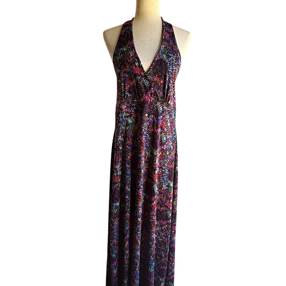 Black Multicolor Halter Maxi Dress with Abstract Burst Print